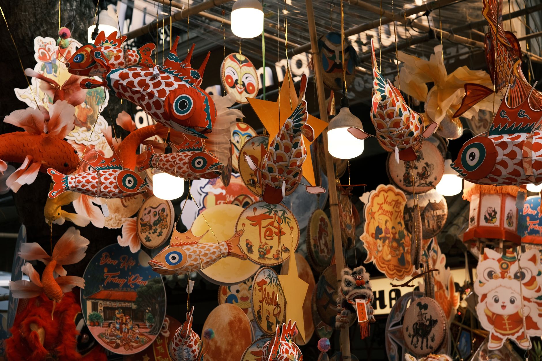 Lanterns and paper decorations on Hang Ma street