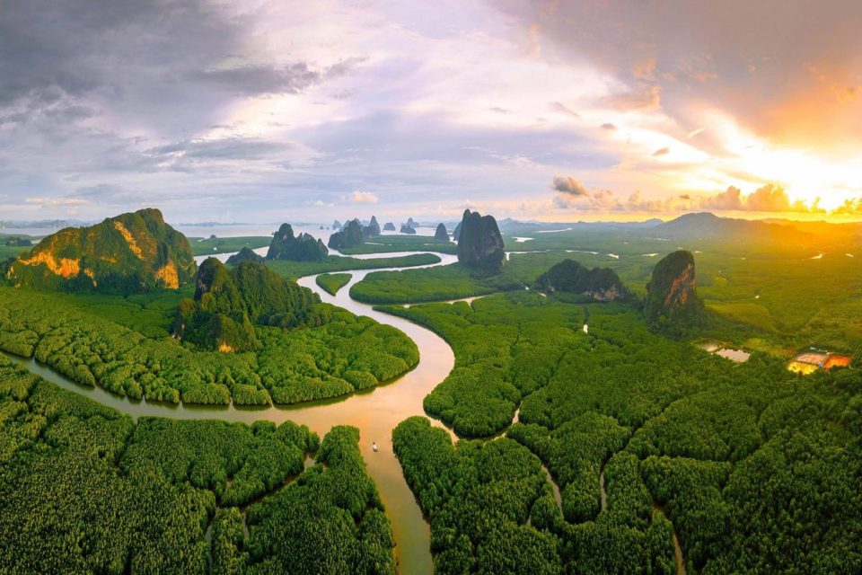 Limestone karsts rising from the water in Phang Nga Bay