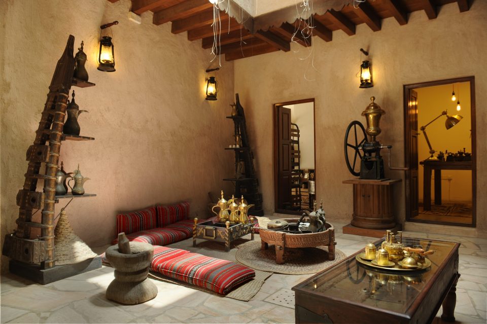 Interior of the Arabian Coffee Museum with traditional coffee pots and artifacts