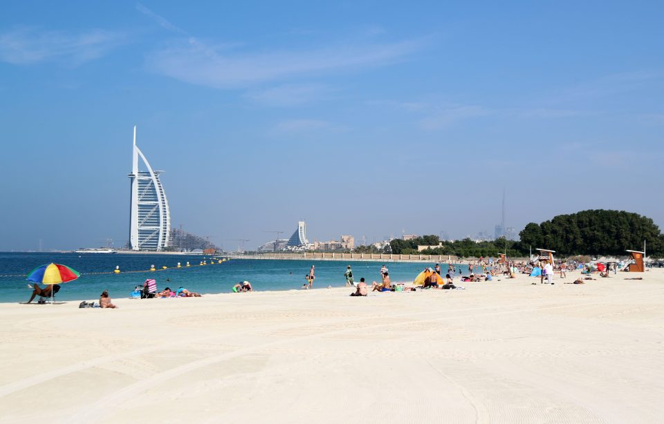 Quiet sandy beach with views of Palm Jumeirah and Burj Al Arab