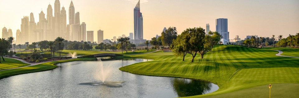 Dubai Marina skyline viewed from a green golf course