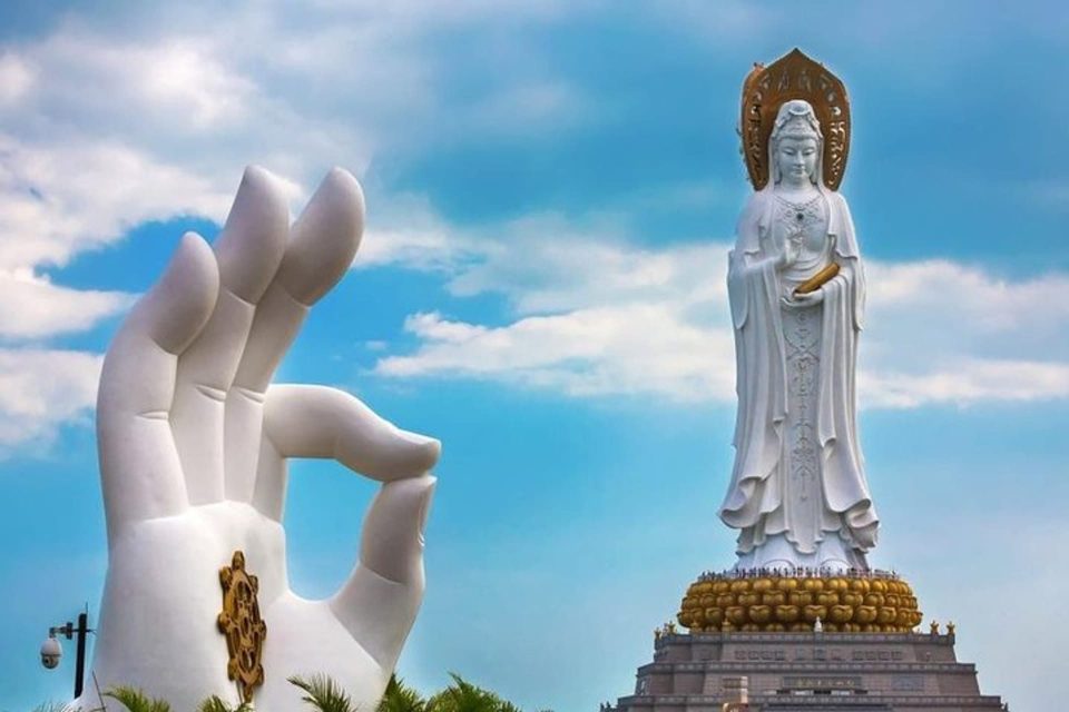 The magnificent 108-meter tall Guanyin statue rising from the sea at Nanshan.
