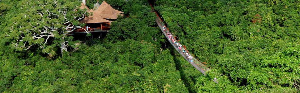 A wide view of the Yalong Bay Tropical Paradise Forest Park with lush green mountains.